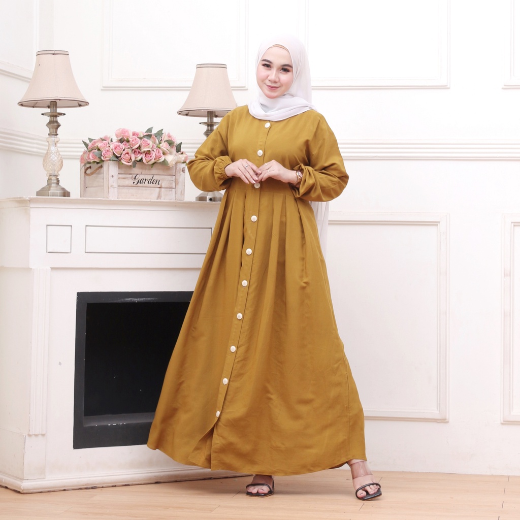 Gamis Syari Terbaru Rayon Premuim Polos Murah Lengan Panjang Busana Muslim Wanita  Remaja Dewasa Kekinian Wudhu Friendly-Olive