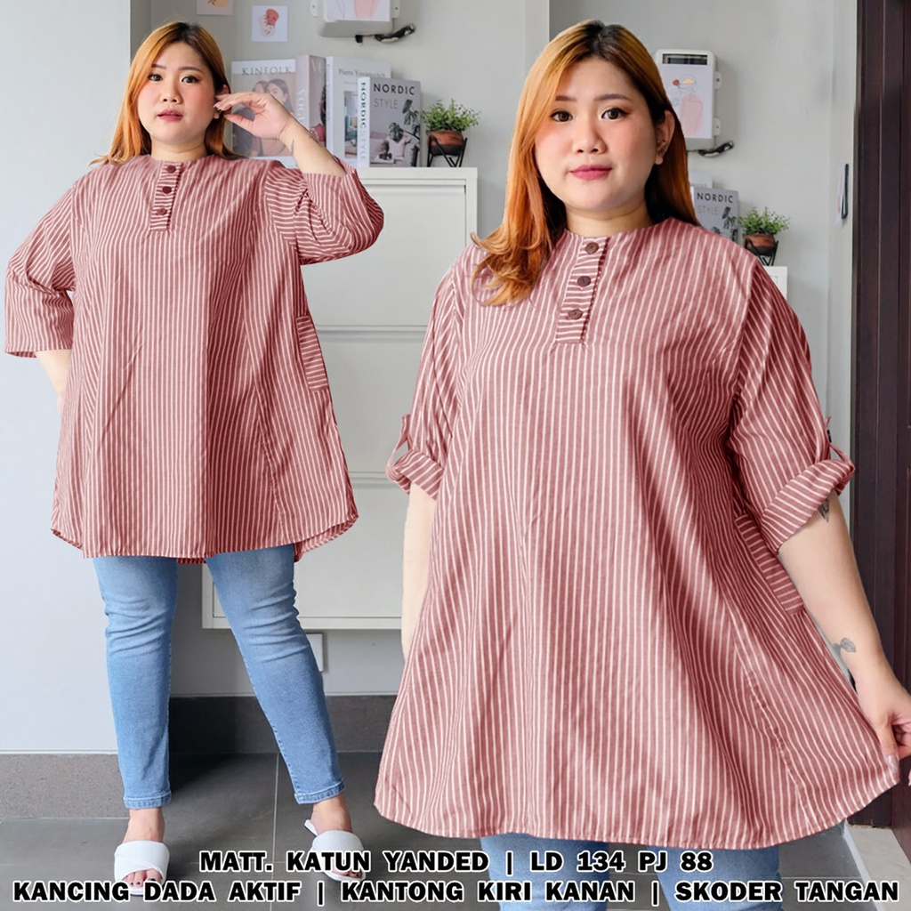 ZRS [COD] + [GRATIS ONGKIR] Kemeja BIG SIZE XXXL Lola Bahan Katun Salur LD 134 CM PJ 88 CM