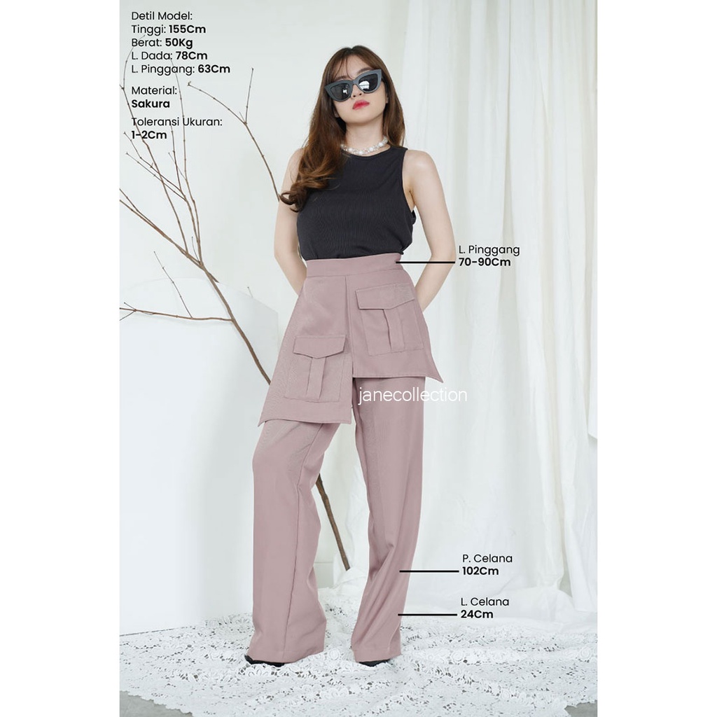 JANE COLLECTION ||  Celana Panjang Kulot Kantong Depan Pinggang Karet Celana Kain Wanita Cullotes Pants Lurus Cewek Ukuran L XL Kasual Kekinian - Paola Pocket Pants