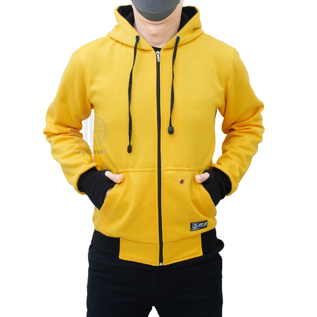 Jaket Hoodie Sweater Roundhand Polos Kuning Premium Rib Jempol Multifungsi