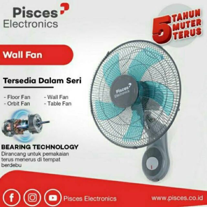 PISCES kipas Angin Listrik Wall Fan/ Kipas Angin Dinding 16 Inch 2 Tali Bearing WF1611PRO 45Watt