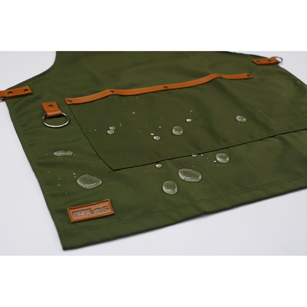 Apron barista celemek barbershop celemek cafe kanvas waterpellen anti air warna hijau army dan pu leather strep