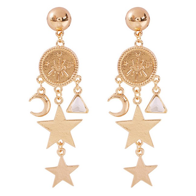 LRC Anting Tusuk Fashion Gold Alloy Star Moon Embossed Earrings F77991