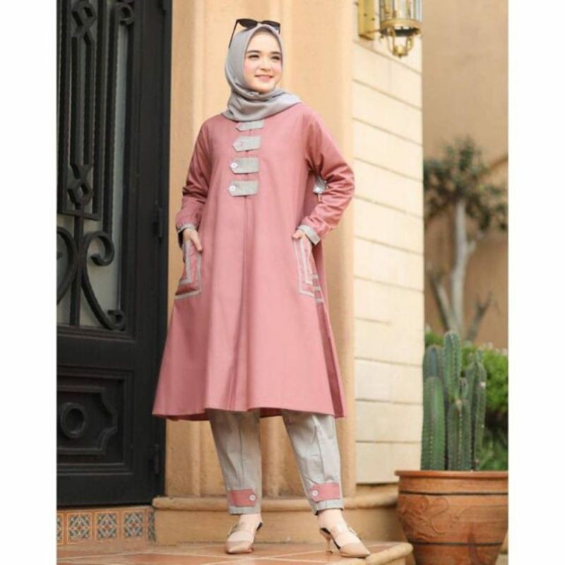 SET MAIDA BAHAN FULL MOSSCREPE, TUNIK LD110CM PJ98CM KANCING DEPAN HIDUP, SLETING DEPAN