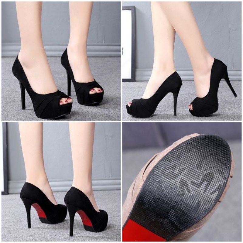 black suede peep toe heels