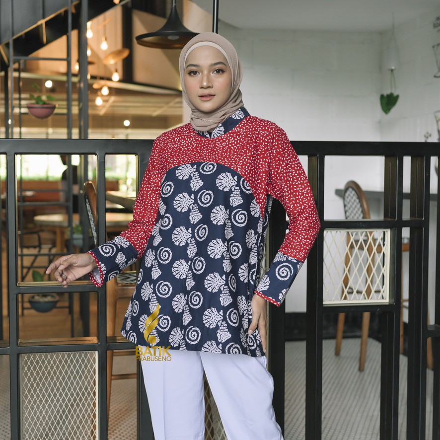 Batik Prabuseno Motif RINAI Blouse Atasan Batik Wanita Lengan Panjang Modern Original Prabuseno Prem