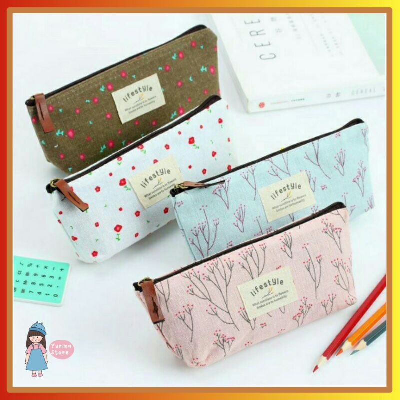 

Tempat Alat Tulis Kain Model Korea/Tepak Pensil Kanvas/Kosmetik Kain Motif Bunga Model Korea/ Tempat Makeup