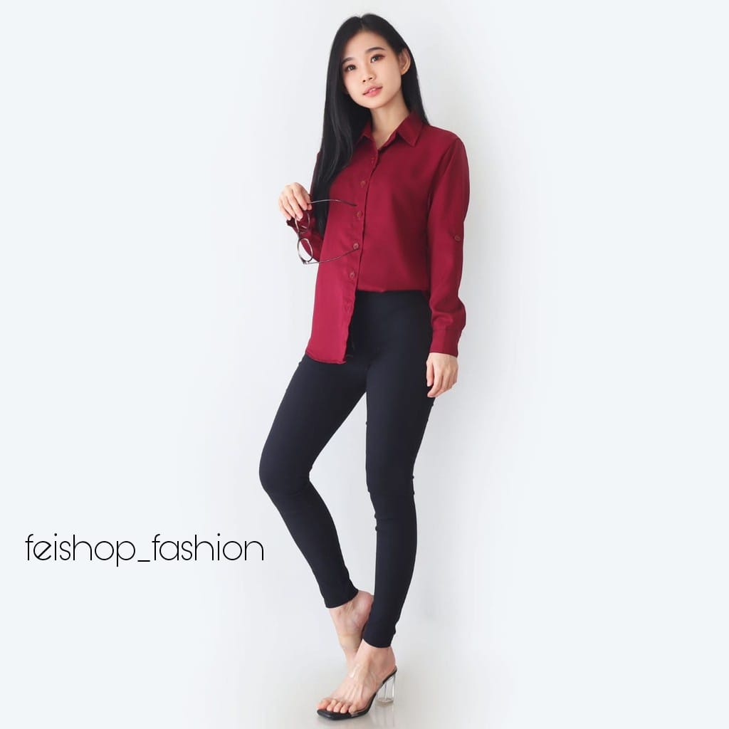 KEMEJA POLOS TANGAN SKODER // AUREL KEMEJA WANITA POLOS BASIC LENGAN PANJANG  (Bahan Katun)