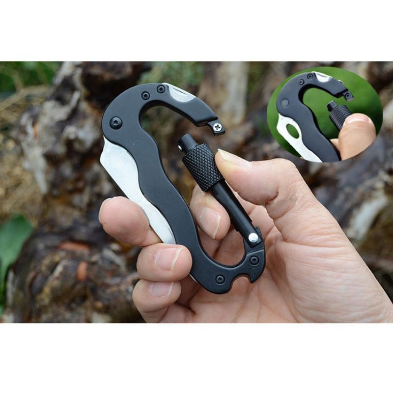 KNIFEZER Karabiner Pisau Lipat Multifungsi 5 in 1 Portable Knife Carabiner Mountaineering Survival Tool EDC - RB-999B - Black