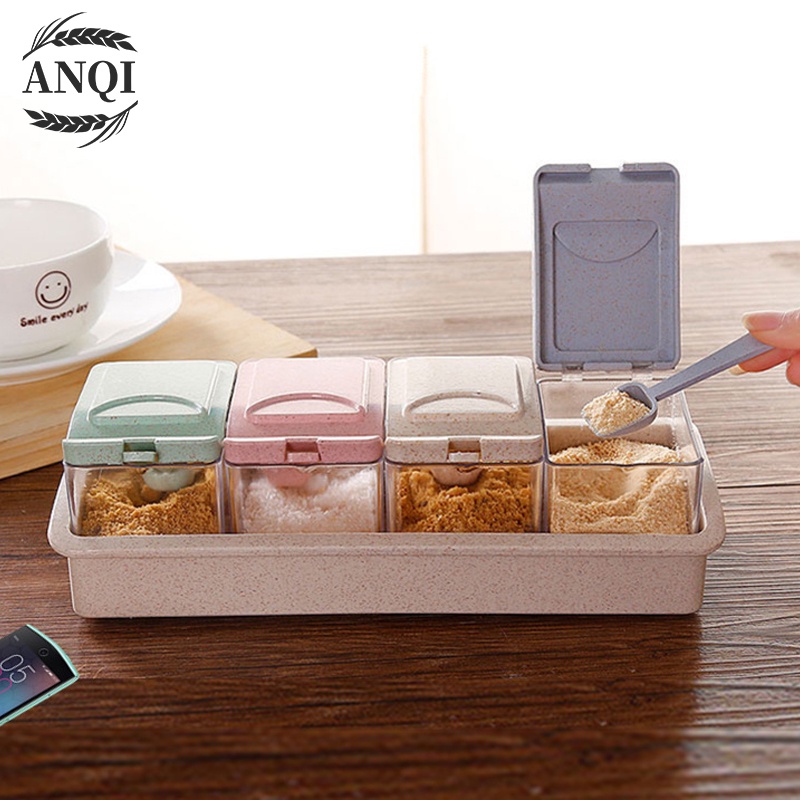 ANQI 1888 Tempat Bumbu Dapur 4 in 1/Kotak Bumbu Dapur 4in1/Tempat Bumbu Plastik /Free Sendok VS-38