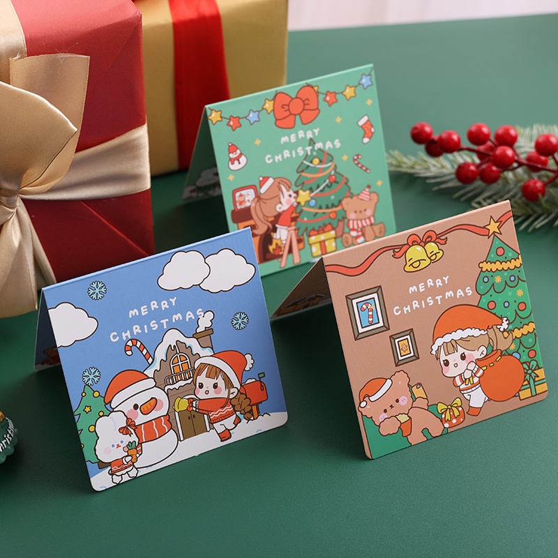4pcs Kartu Ucapan Desain Kartun Perempuan Lucu Untuk Natal