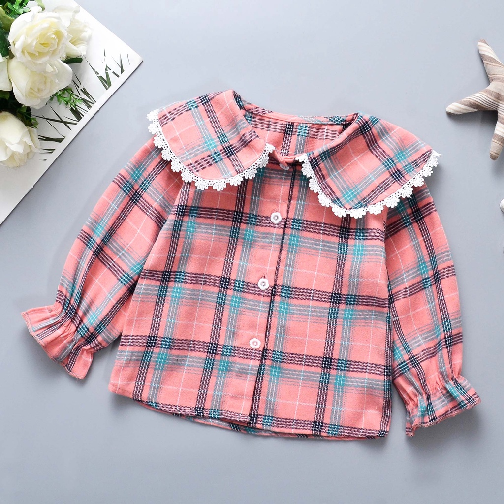 Baju Anak Perempuan/ Kemeja Anak / umur 2-3 tahun motif Kotak Kotak Lengan Panjang - Pink