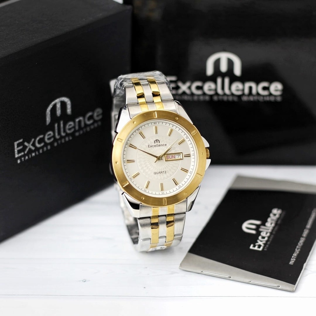 Grosiran Jam Tangan Pia Wanita Excellence Original 8304285BJ Analog Tali Rantai Tanggal Hari Aktif Free Box Exclusive &amp; Baterai Cadangan (BisaCOD)