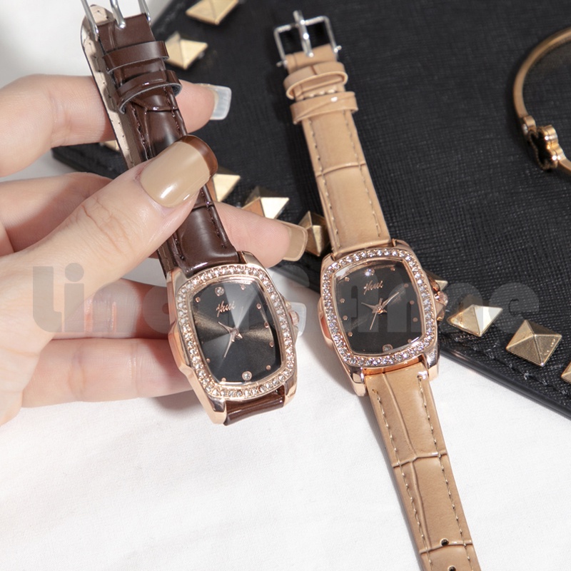 Jam Tangan Jhui Analog Wanita Strap PU Leather Dial Kotak Gaya Casual Import