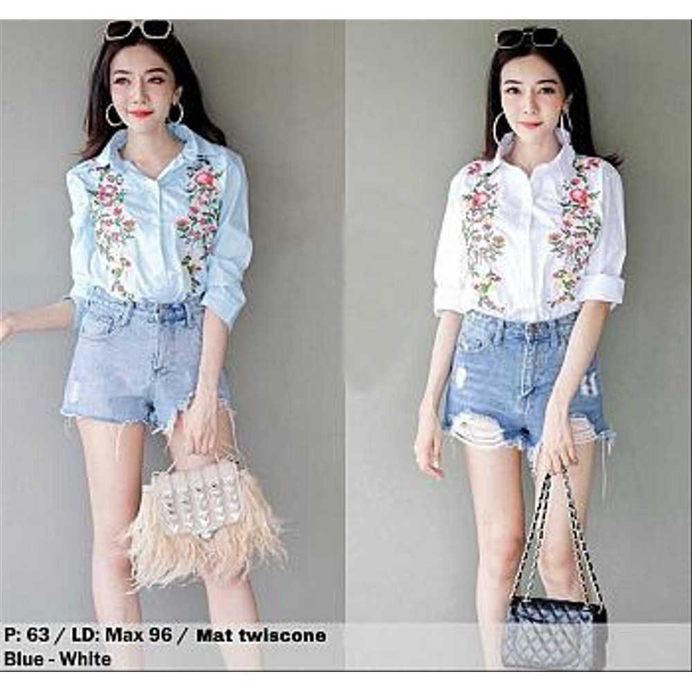 Fn kem foresta kemeja wanita trendy kerja kantor putih biru bunga cantik modis murah L blouse