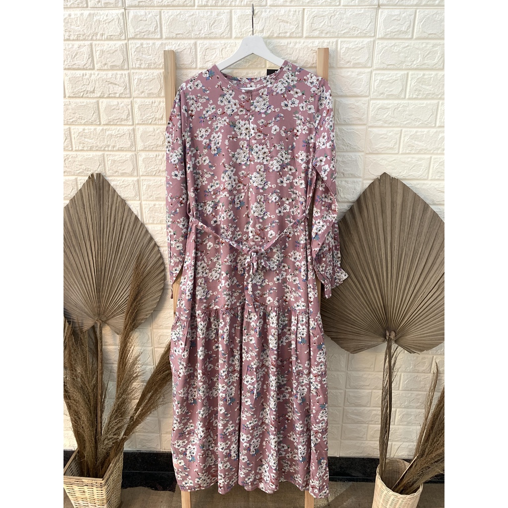 Wely Spring Pink Maxi Dress / Gamis Rayon Wanita Casual Merah Muda Motif Bunga Busui Friendly