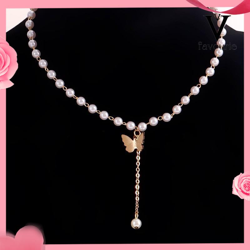 [COD]Retro Butterfly Pearl Kalung Lembut Gadis Kecil Cinta Liontin Kalung Rantai Klavikula-FA