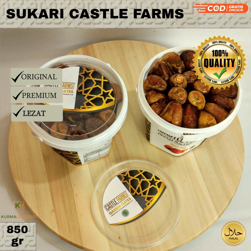Kurma Sukari Al - Qassim 850 Gram Kemasan Ember Premium Castle Farm / Kurma Sukari Castle Farm / Ole