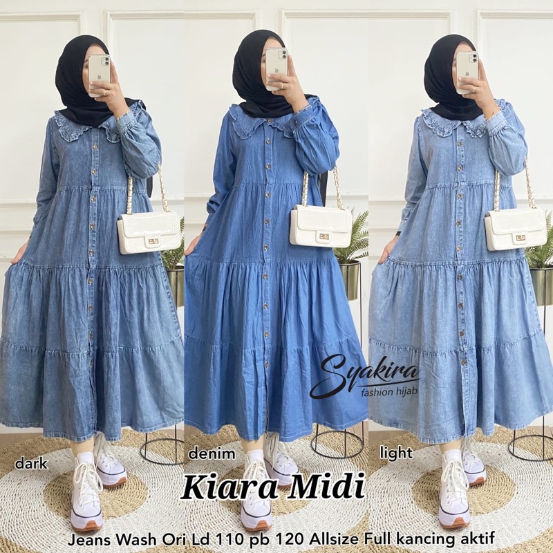 KIARA BY SYAKIRA Ready Restok BISA COD Midi Dress Material Jeans Wash Ori LD110 PJ120 Full Kancing A