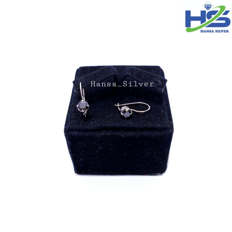 Anting Perak Asli Silver 925 Lapis Emas Putih Model Desi Permata Hitam - Anting Wanita Anti Karat