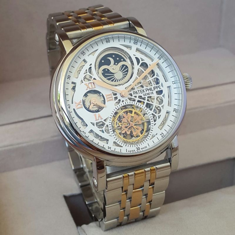 Jam Tangan Pria Patek Phillipe Moonphase Tourbillon Dual Time Romawi