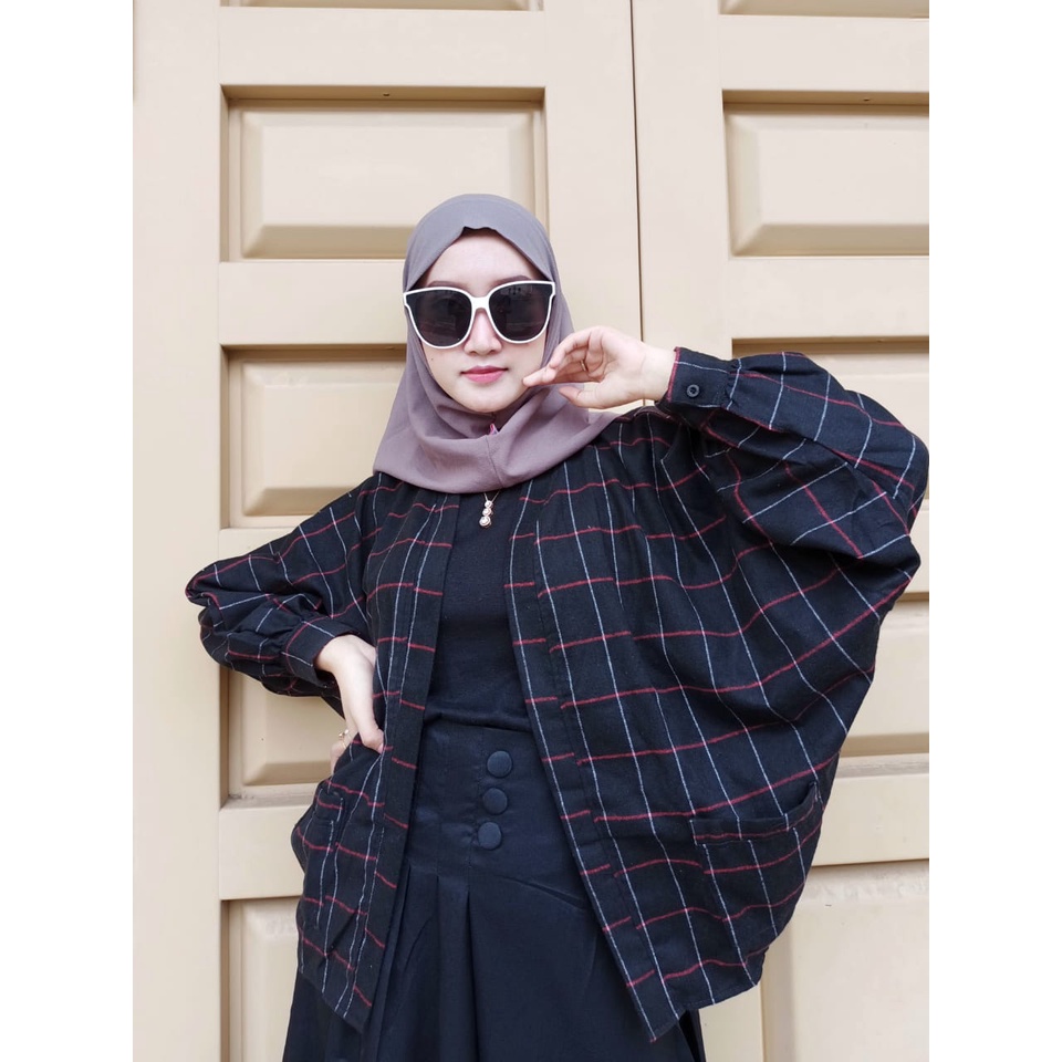 Grosir Outer Flanel Wanita Lengan Balon Grid Oversize motif kotak kotak