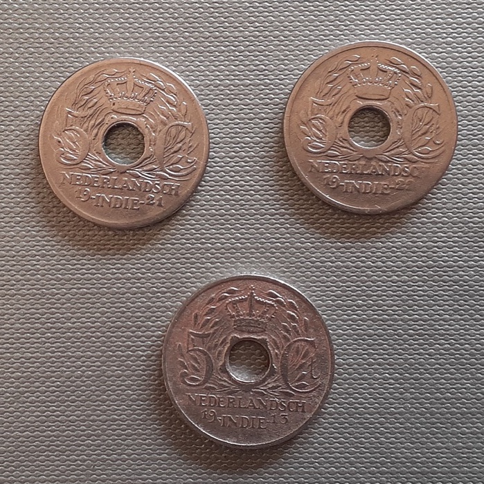 Uang kuno koin 5 Cent Nederlandsch Indie set lengkap tahun 1913, 1921, 1922