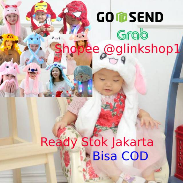 FREE ONGKIR-COD TOPI KELINCI LED+MUSIC IRONMAN SPIDERMAN BUNNY HAT TIKTOK KUPING TELINGA GERAK