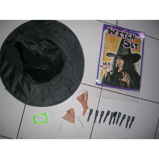 halloween witch hat/ topi penyihir, kuku, dagu, hidung nenek sihir/set