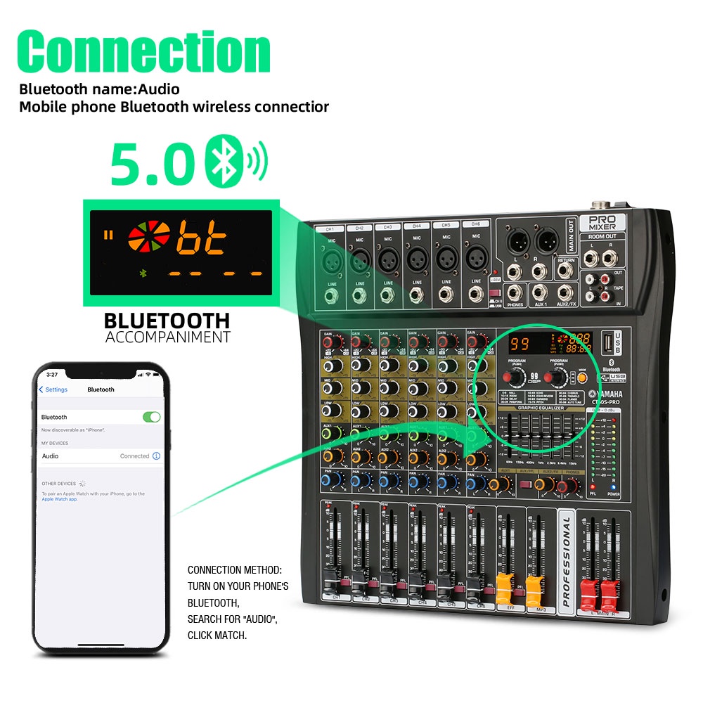 Mixer Audio Profesional CT60S-PRO 6 saluran DSP99 bawaan equalizer 2-lapisan EQ 7-band yang dapat disesuaikan Bluetooth/USB/PC/MP3 Peralatan Audio Profesional