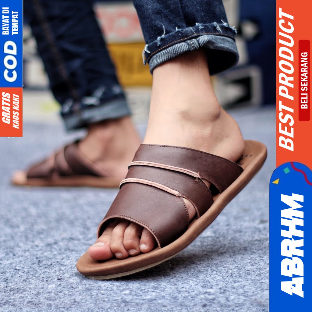 ABRHM X TAIM Sandal Slide Pria Sandal Slop Pria Kulit Asli Ori Sendal Selop Cowok / Cowo kekinian