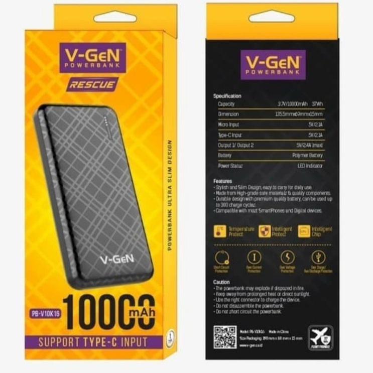 POWERBANK V-GEN RESCUE PB-V10K16 10.000 MAH TYPE C INPUT POWERBANK SLIM