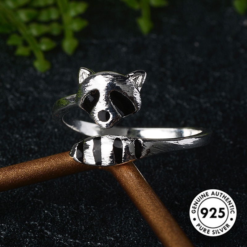 Cincin Sterling Silver 925 Desain Rakun Lucu Kreatif Untuk Wanita