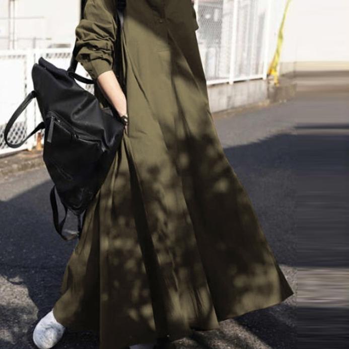 ➯ ZANZEA Women Casual Full Sleeve Retro Side Pockets Solid Long Dress ➣