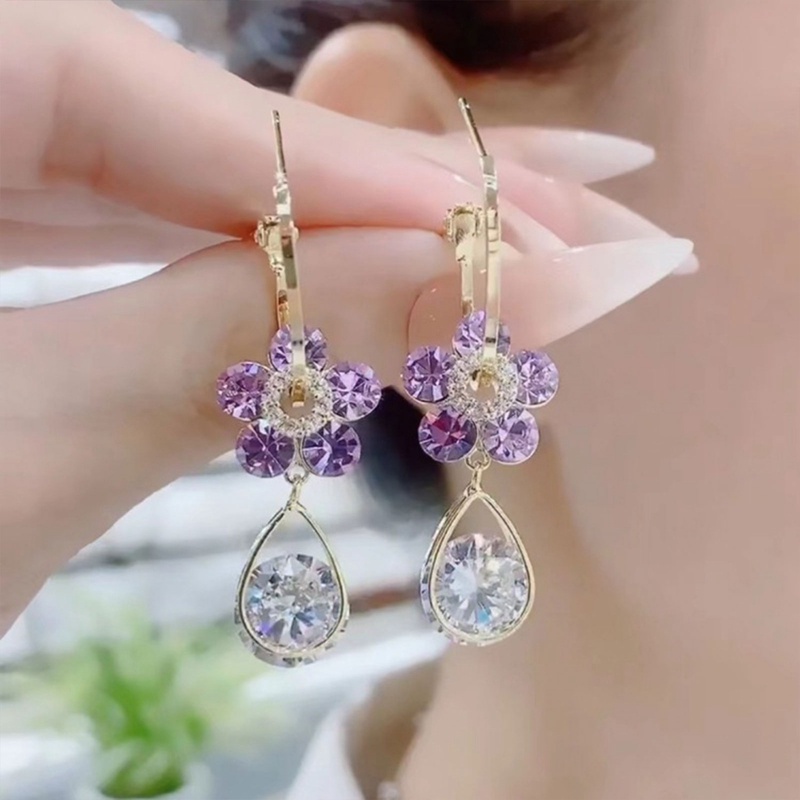 Fancyqube Anting Menjuntai Desain Bunga Aster Hias Kristal Zircon Biru Gaya Korea Untuk Wanita