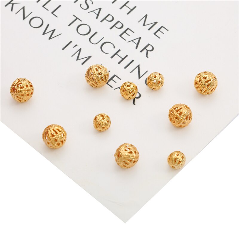 18K Gold Plated 10Pcs 6 8mm Copper Round Loose Flower Ball Beads for DIY Necklace Bracelet Jewelry Findings Making Accessories