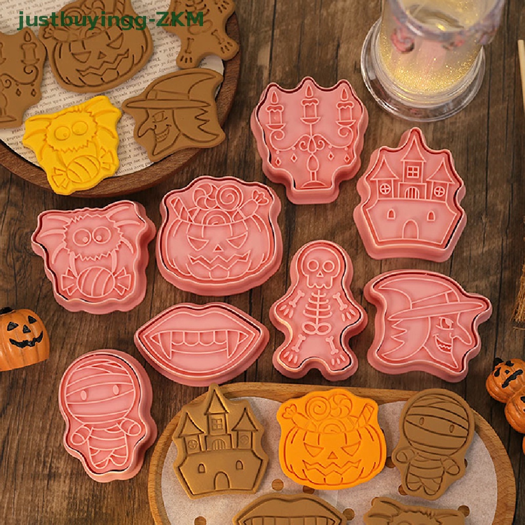 8pcs Cetakan Pemotong Biskuit Cookies Bentuk Kartun Labu Hantu Halloween Bahan Plastik Model Tekan