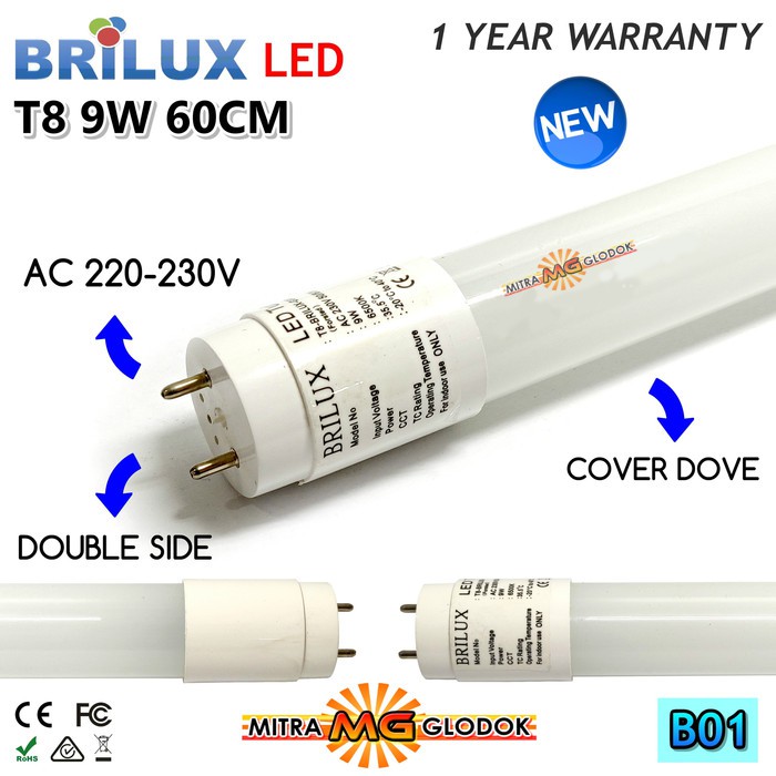 LAMPU LED TL T8 NEON 9W Watt 60 CM BRILUX COVER PLASTIK DOVE / WHITE (PUTIH) - DOUBLE ENDED - B01D