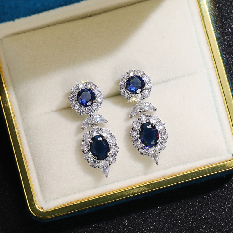 Anting Menjuntai Bahan Cubic Zirconia Warna Biru Untuk Wanita