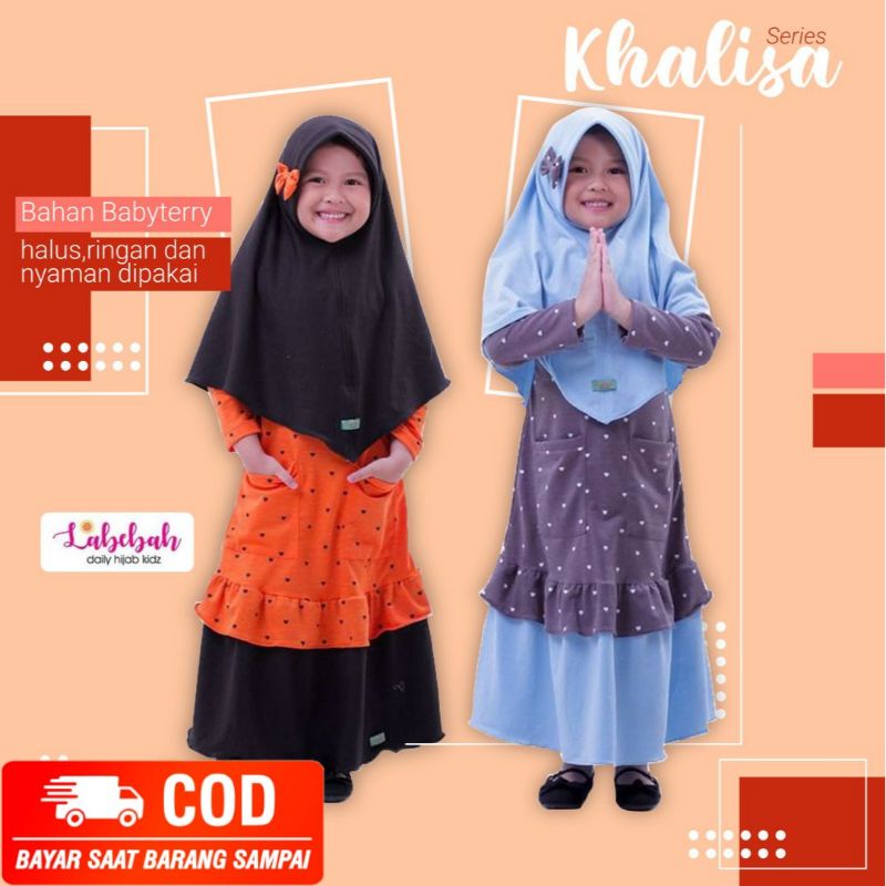 LABEBAH GAMIS POLKADOT DUA WARNA SET JILBAB POLOS BAHAN BABY TERRY PREMIUM KHALISA SERIES BAJU NGAJI