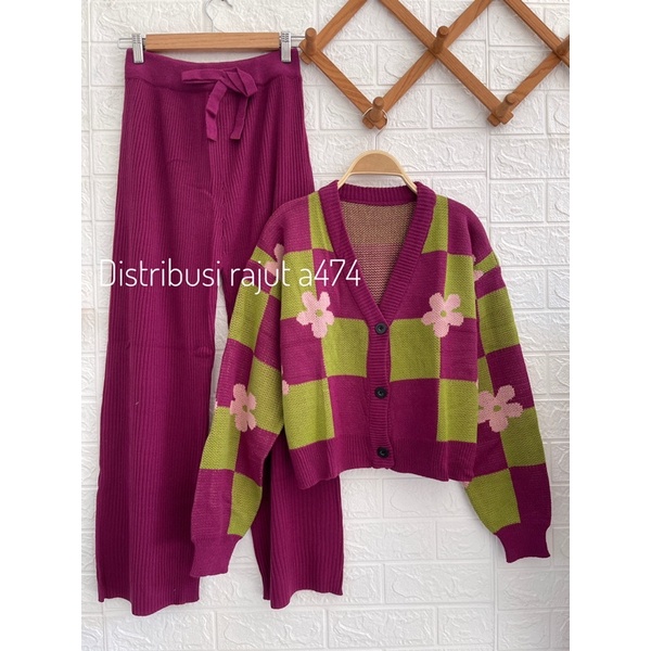 ONESET SETELAN ROK DAN KULOT CARDIGAN RAJUT RIRIN MOTIF BUNGA