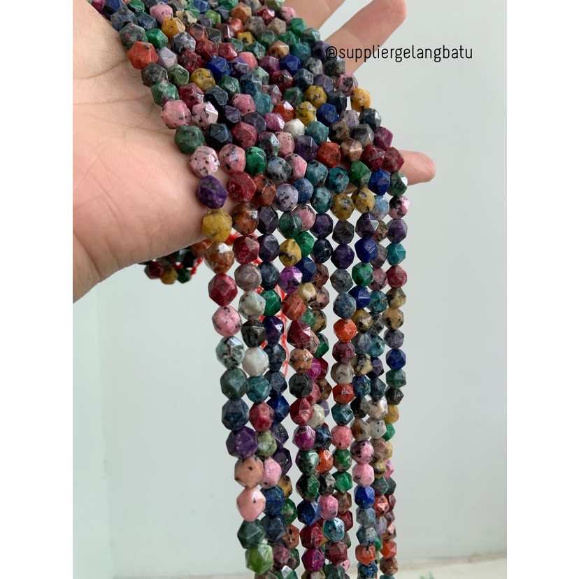 batu hexagon Stone 8mm multicolour rhodonite akik pancawarna natural bahan kalung gelang kerajinan tangan craft manik