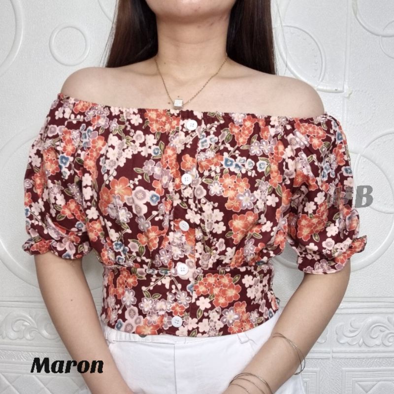 HAWAIIAN BANANA CROP TOP PUFF FLOWERS &amp; POLOS /IMPORT BANGKOK