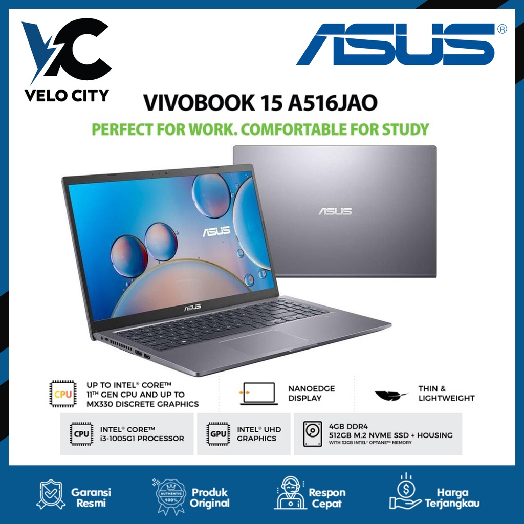 Asus Vivobook A516JAO VIPS354+ i3 1005G1 4GB 512SSD+Optane W10+OHS IPS