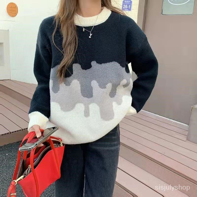 #Sisjuly# Wanita Baru Kasual Gradien Colorblock Knit Crew Neck Sweater Pullover Lengan Panjang
