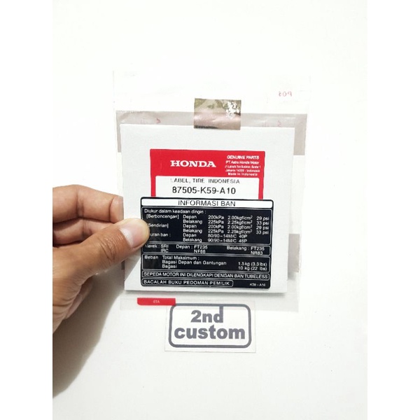 Stiker informasi ban Honda Vario 125 150 Beat ESP sticker velg ukuran tekanan angin roda label tire