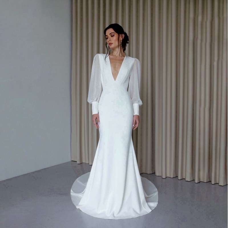 ZALINE GOWN - Gaun pengantin wanita v neck mermaid dress fishtail ekor puff sleeves dress big size j