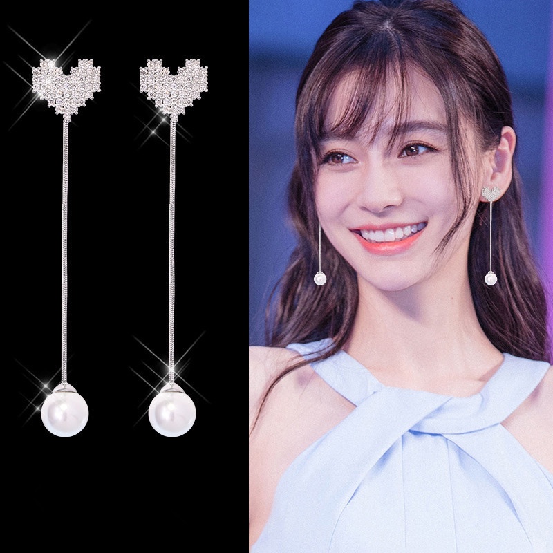 Korea rhinestone panjang Korea anting-anting mengkilap bertatahkan berlian bentuk hati persik hati t