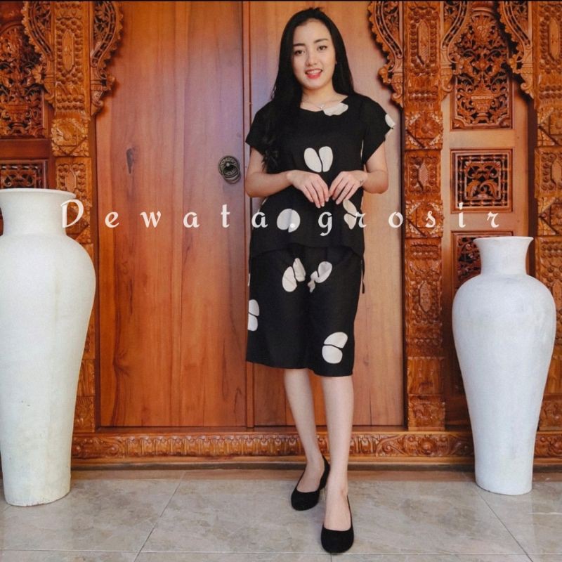 BAJU WANITA PIYAMA BAJU TIDUR SETELAN ONE SET BABYDOLL RAYON SUPER KOPI BALI ROBUSTA TERLARIS-Kopi Hitam pendek