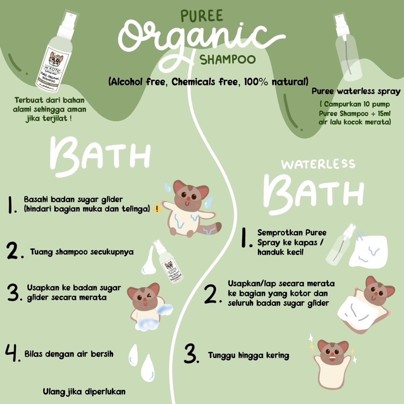 Puree Organic Shampoo 60ml,Organic Shampoo untuk Sugar Glider, Sugar Glider Shampoo by JeSugarGlider